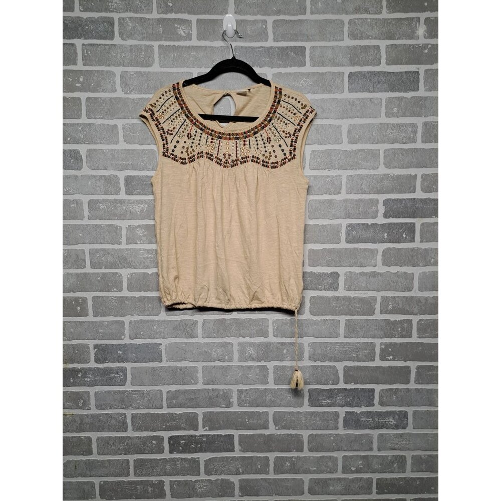Embroidered Boho Top With‎ Tassel Drawstring Hem & Keyhole Back - Picture 5 of 14